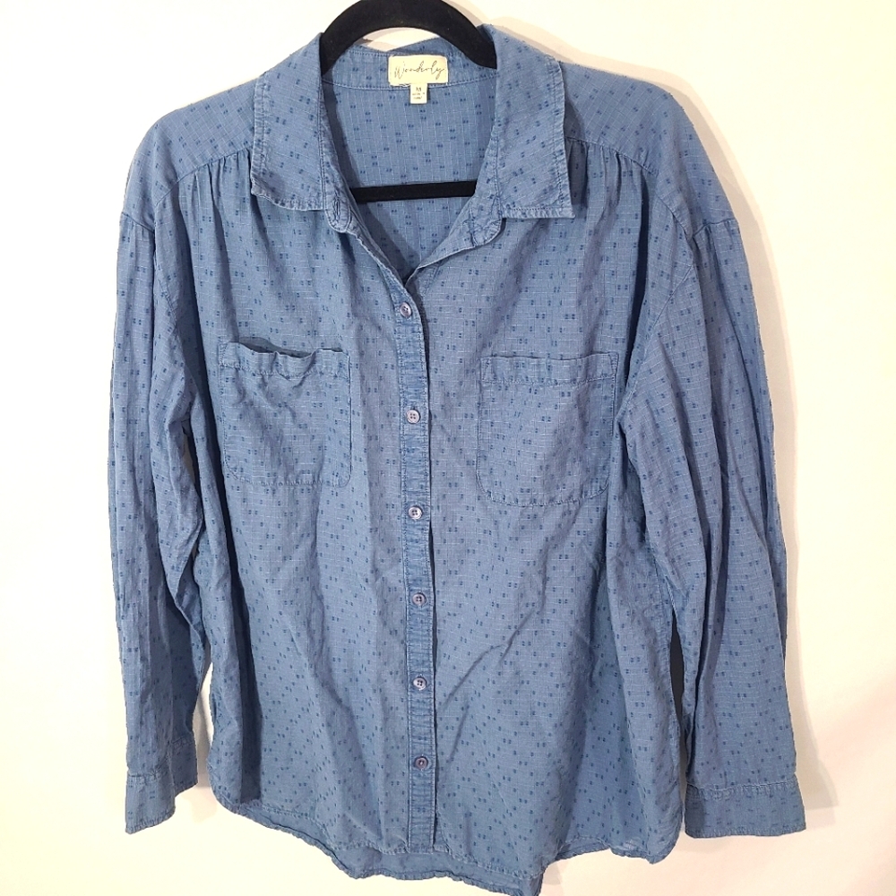 Wonderly Women's Size Medium M Blue Button Up Blouse‎ Shirt Cotton Top Casual